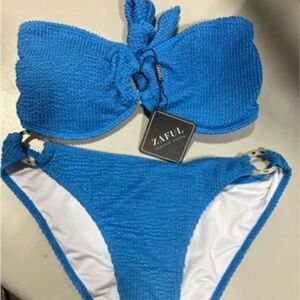 Zaful Bright Blue Textured Bandeau Bikini Set with Knot Detail